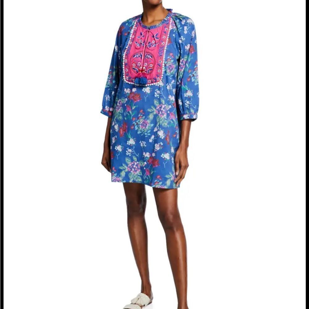 Bella Tu Fleur Floral-Print Split-Neck Peasant Dress with Embroidery